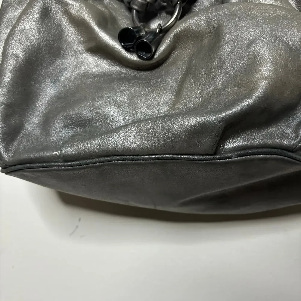 Michael Kors Metallic Silver Leather Drawstring Hobo Shoulder Bag Large